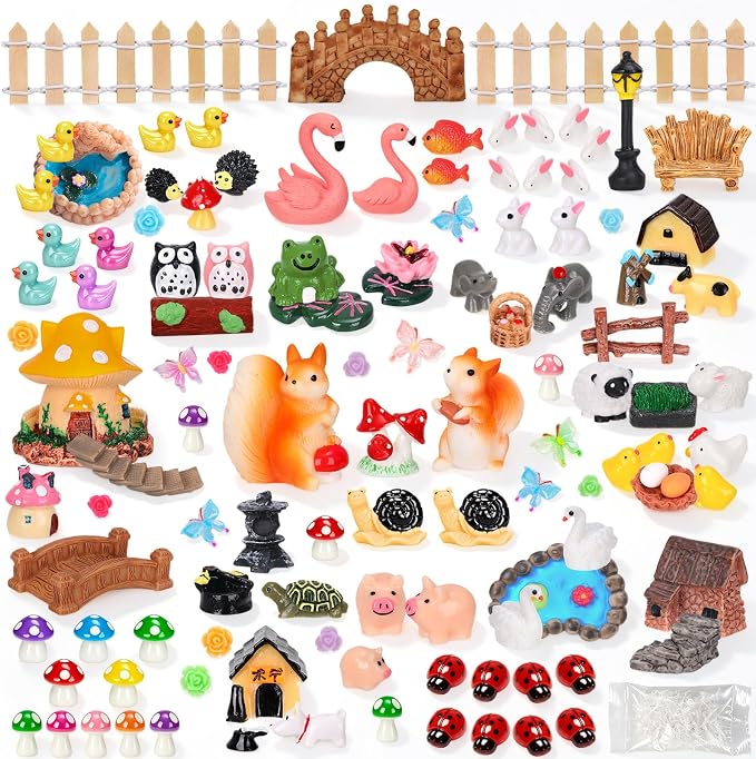160 Pcs Fairy Garden Accessories Miniature Resin Animals Tiny Fairy House Figurines Fairy Garden Ornament Kit for DIY Crafts Micro Landscape Dollhouse Mini Scene Garden Outdoor Decor