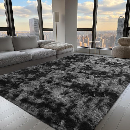 Zentavio Black and Grey Area Rugs for Living Room Large Men Room Carpet 6x9 Bedroom Fluffy Furry Shag Aesthetic Plush High Pile Floor Rug for Kids Room Dorm Home Decor Gray
