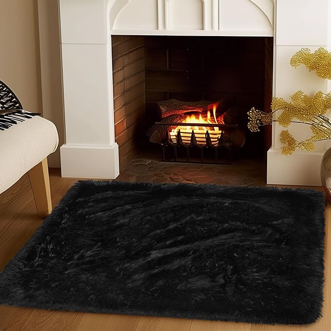 Awaytail Fluffy Rug Washable 2x3 Feet, Pure Black Desk Chair Rug Non-Slip, Super Soft Kids Rug for Boys Nursery Dorm Decor