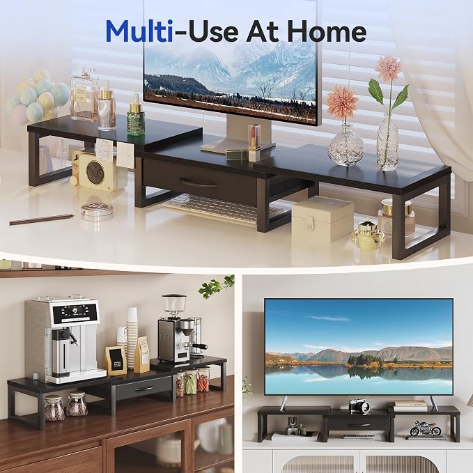 Dual Monitor Stand Riser, Desk Organizers and Accessories with Drawer, Computer Monitor Stands for Desk, Adjustable Desktop Shelf for PC Laptop Printer TV, Black
