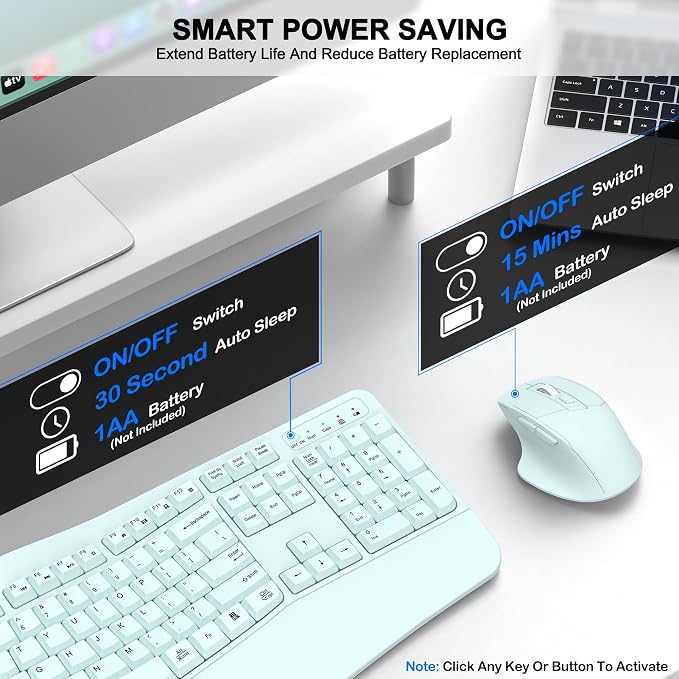 Wireless Keyboard and Mouse Combo, 2.4G Full Size Wave Keys Ergonomic Keyboard with Wrist Rest and 3-Level DPI Adjustable Wireless Ergonomic Mouse for Windows, Mac OS Desktop/Laptop/PC(Mint Green)