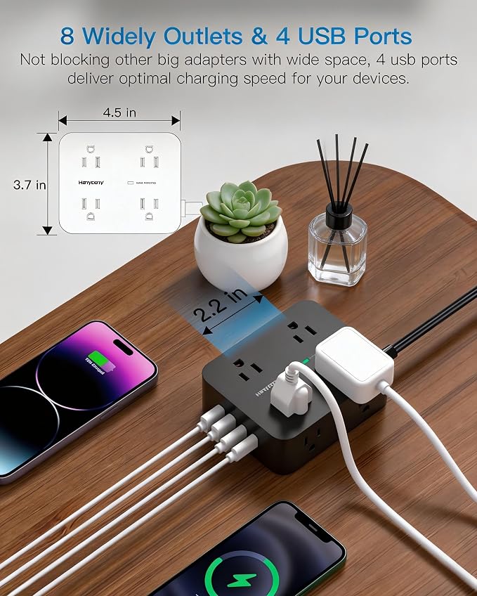 Power Strip Surge Protector, Extension Cord with 8 Widely Spaced AC Outlets & 4 USB Ports (2 USB C), 5 Ft Heavy Duty Round Power Cord, 1080 Joules, Wall Mount Charging Station for Home Office Desk