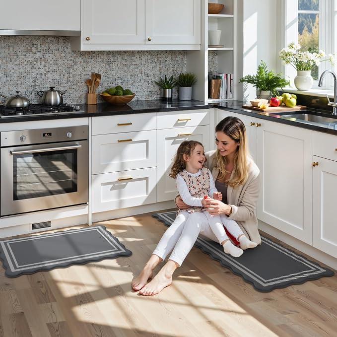 KIMODE Kitchen Mats Cushioned Anti Fatigue,Farmhouse Kitchen Rugs Sets of 2 | Dark Grey Scalloped Rugs, Kitchen Floor Mat Non Slip, Comfort Standing Mat for Laundry Office Sink Dorm Desk 17"x47"+17"x29"