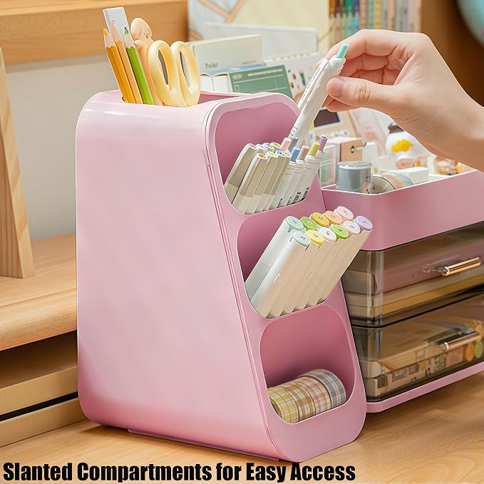 Desk Organizer with Pen Pencil Holder, Pen Organizer with 2 Drawers & 4 Compartments, Desktop Organizers and Storage for Office Home School Art Supplies (Pink)