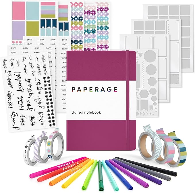 PAPERAGE Bullet Journal Kit, Dotted Journaling Set & Stationary Kit, Hardcover Dotted Journal Notebook (Raspberry), 12 fineliner Pens, 8 Sticker & 3 Stencil Sheets, 6 Washi Tapes