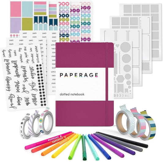 PAPERAGE Bullet Journal Kit, Dotted Journaling Set & Stationary Kit, Hardcover Dotted Journal Notebook (Raspberry), 12 fineliner Pens, 8 Sticker & 3 Stencil Sheets, 6 Washi Tapes