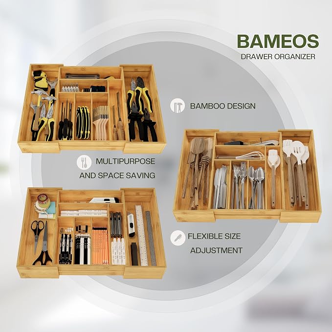 BAMEOS 3.9inch Tall Bamboo Drawer Organizer, Expandable Utensil Holder with 8 Compartments, Adjustable Kitchen Drawer Divider for Flatware, Silverware and Gadgets, Deep Storage for Home and Office