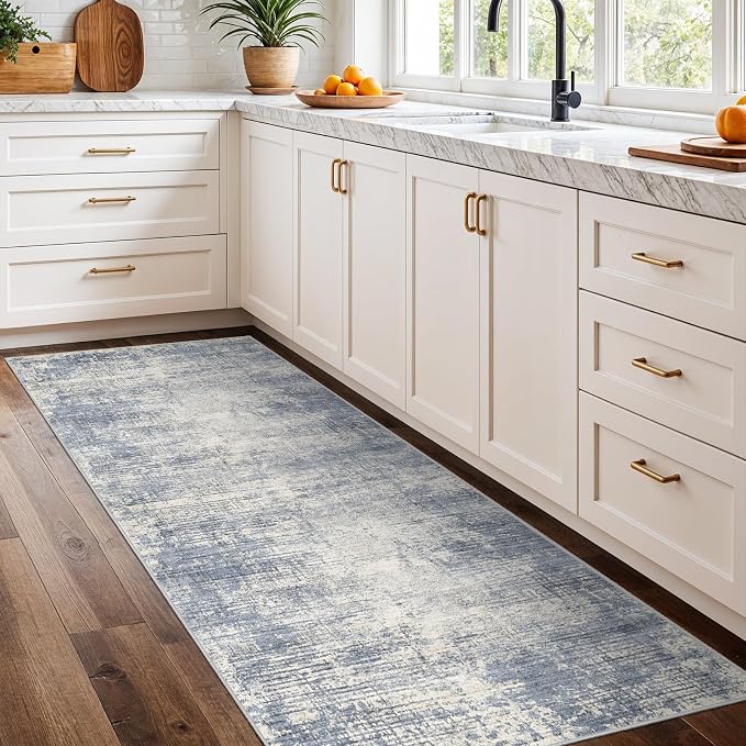 2x6 Hallway Washable Runner Rug - Non-Slip Kitchen Rugs with Rubber Backing Abstract Neutral Low-Pile Carpet Runners for Laundry Room Home Decor Bedroom Bathroom Entryway (Blue Gray,2x6)
