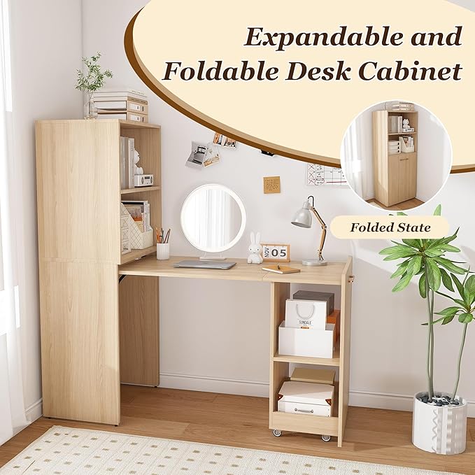 Folding Out Desk with Storage Shelves, Expandable Hidden Computer Desk, Foldable Space-Saving Pull Out Murphy Table, Writing Table with Wheels for Home Office Bedroom Small Spaces (Natural Wood.)