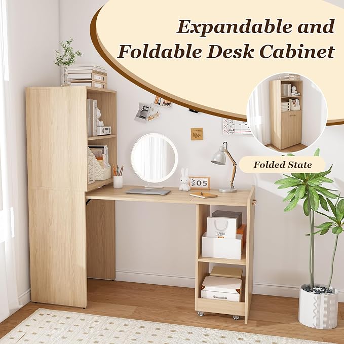 Foldable Desks for Small Spaces, Wood Murphy Desk with Storage Shelves, Folding Out Desk with Wheels, Space Saving Compact Computer Table, Hidden Desk for Apartment Bedroom Dorm Room (Natural Wood)