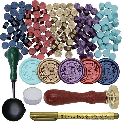 Initial Alphabet E Wax Seal Stamp Set, Retro Letter Sealing Stamp with 150Pcs Sealing Wax Beads in 5 Color, Melt Non Slip Spoon Pen Kit for Wedding and Christmas (E)