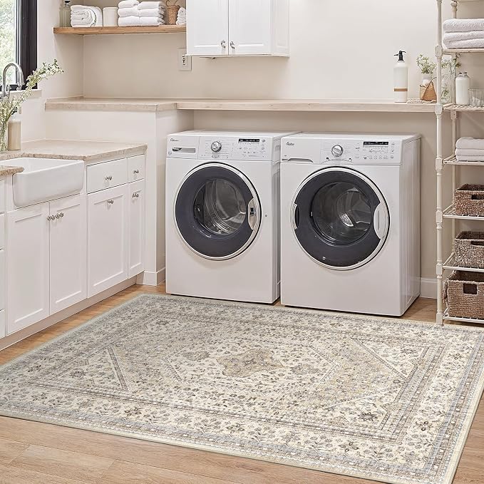 Washable 3x5 Area Rug for Entryway - Bedroom Rugs with Non Slip Rubber Backing for Kitchen Bathroom Indoor Soft Stain Resistant Carpet Rug for Pet Feeding Area and Distressed Floor Decor Beige/Gray