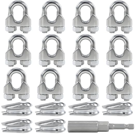 12PCS 3/16-1/4 Inches M5 Stainless Steel Wire Rope Clips,6PCS Thimbles | Corrosion resistant,antirust,easy to install with 1 nut driver