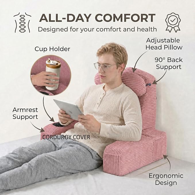 Reading Pillow for Adults, Back Pillow for Bed Sitting Up, Backrest Pillow for Sitting in Bed, Detachable Arms with Built-in Cup & Phone Caddy (Dusty Pink-Corduroy, 21 INCH)