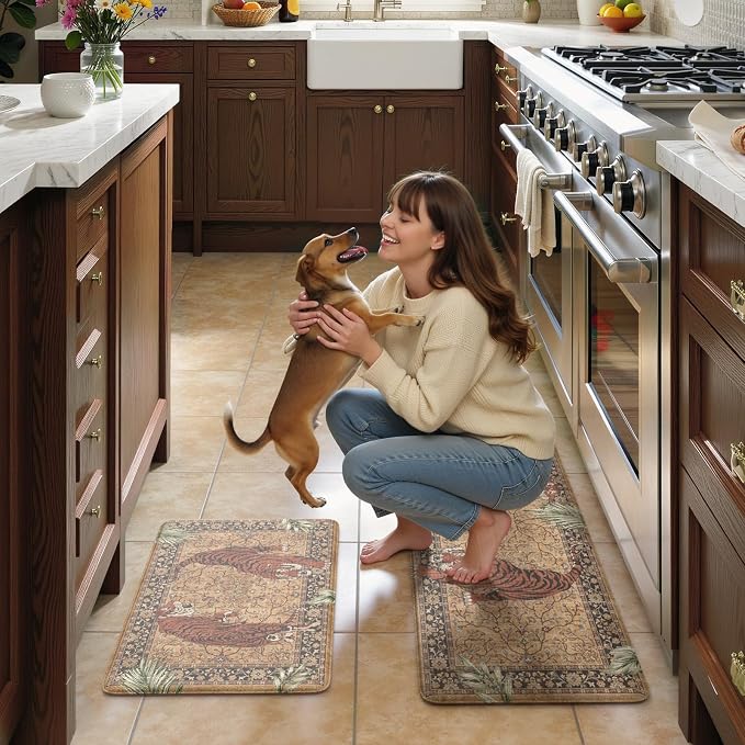 KIMODE Kitchen Mats for Floor Anti Fatigue 17"x47"+17"x29", Farmhouse Tiger Kitchen Rugs Sets of 2, Tan Rugs for Kitchen Floor, Memory Foam Standing Mats for Laundry Office Sink Desk