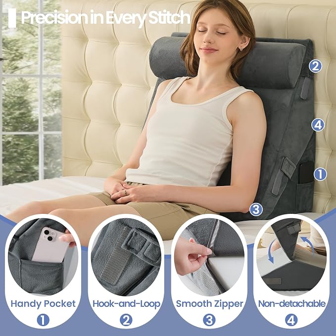 Sasttie Adjustable Wedge Pillow Set for After Surgery, Velvet - Dark Grey | Bed Wedge Pillow Headboard with Memory Foam Neck Cushion, for Acid Reflux, Sleeping, Neck & Back Support