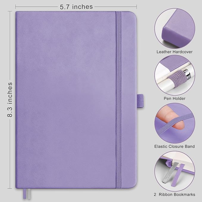 AHGXG Blank Journal Notebook, 160 Pages, A5 Medium Size (5.7'' x 8.3''), 120 GSM Thick Paper, Leather Hardcover, for Sketching, Drawing, Painting (Light Purple)
