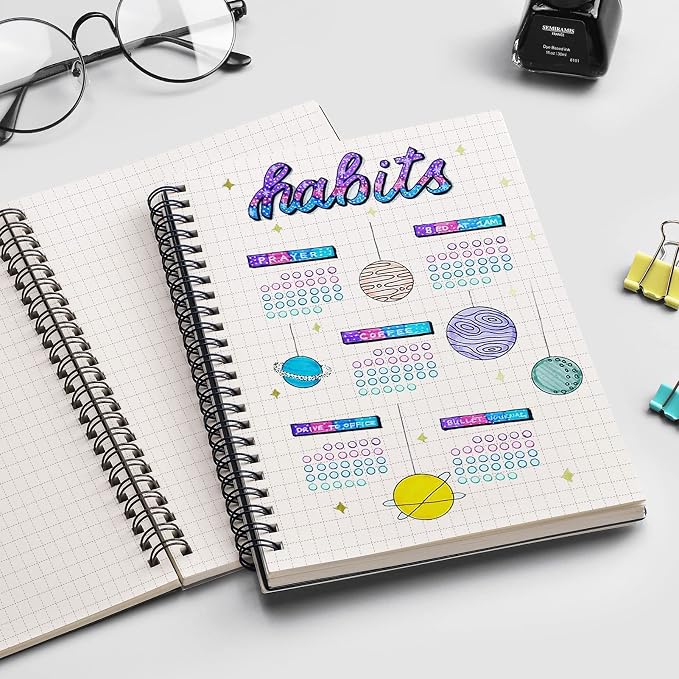 EMSHOI Graph Spiral Notebook 4 Pack, A5 Graph Paper Notebook/Journal, Waterproof PVC Cover, 100GSM Thick Paper, with Free Sticky Notes, 80 Sheets/160 Pages Per Book, 5.7" x 8.22", Coffee Blue