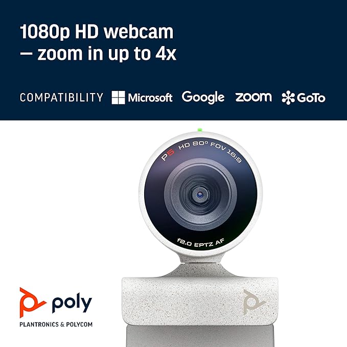 Poly Studio P5 Professional 1080p Webcam with Microphone 4x Zoom USB Webcam for PC Zoom Microsoft Teams Google Meet Windows Mac Laptop Computer Camera Web Privacy Shutter, 1-year HP Warranty (Renewed)