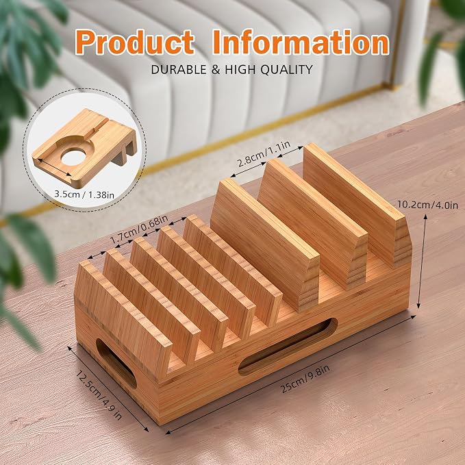 Pezin & Hulin Bamboo Charging Station with 5-Port USB Charger & 5 Cables | 7-Slot Wood Organizer, Magnetic Snap Assembly, Thick Base, Non-Slip Pads, Hidden Cord Box. Ideal for Home Office & Bedside