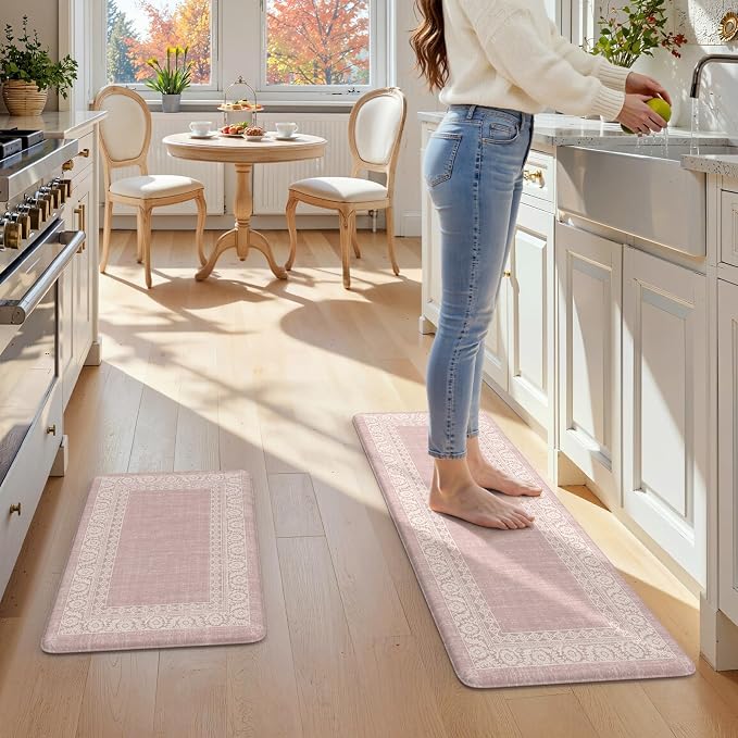 LEEVAN Anti Fatigue Kitchen Mats for Floor, Cushioned Kitchen Mat Set 2PCS | 17.3"x29"+17.3"x47", Boho Floral Pink Kitchen Rugs Non-Slip, Waterproof Ergonomic Standing Mats for Laundry, Office & Sink