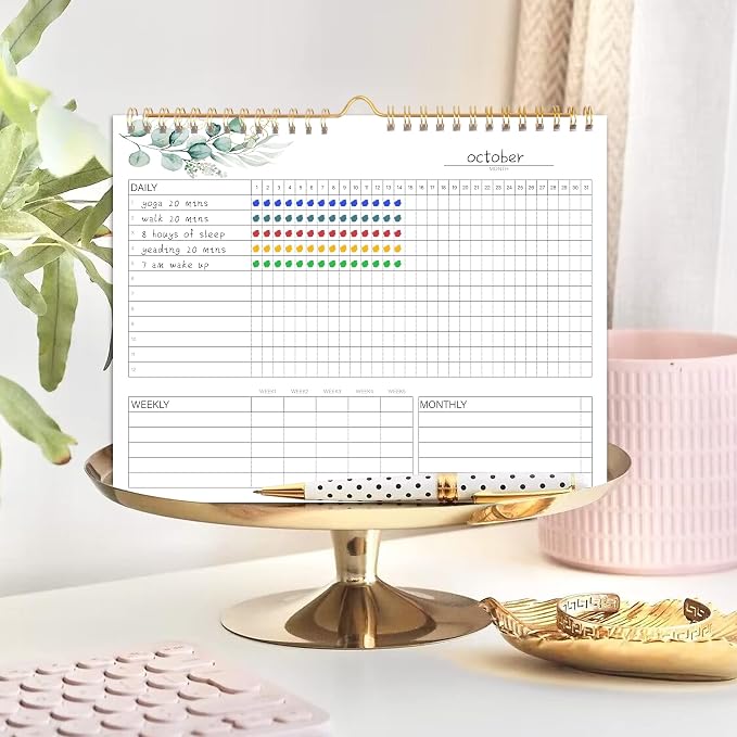 Habit Tracker Calendar - 12 Months Undated Daily Weekly & Monthly Period Habit Tracker Journal, Greenery Floral, Spiral Binding & Hanger, 7.8"x10"