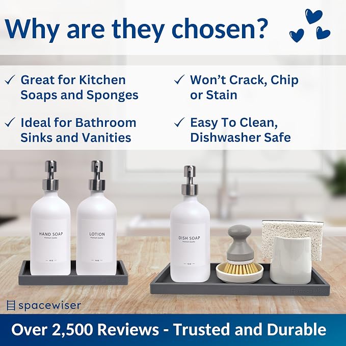 Countertop & Vanity Silicone Tray – 2 PC (11.7" & 7.7") Set | Bathroom Tray & Kitchen Soap Tray Set, Bathroom Counter Tray, Kitchen Sink Dish Soap Tray for Countertop Organization