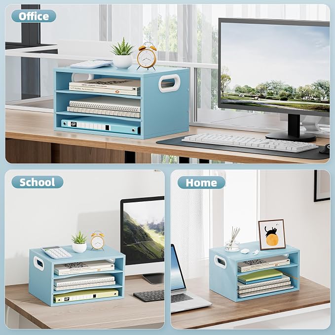 Marbrasse 3 Tier Wood Desk Organizer,Desk Paper Letter Tray Organizer，Blue | Wooden Desktop File Organizer with Handle and Paper Sorter Mail Holder for Office School & Home Supplies Organization