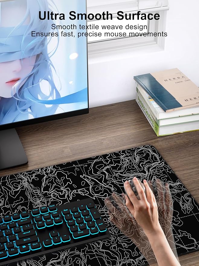 TopMade Mouse Pad with 15W Fast Wireless Charging, 31.5"x15.75" XXL Large Gaming Waterproof Desk Pad, Computer Desk Mat, Black Topographic Map #3 (Includes 20W PD Power Adapter & 6.56ft Woven Cable)