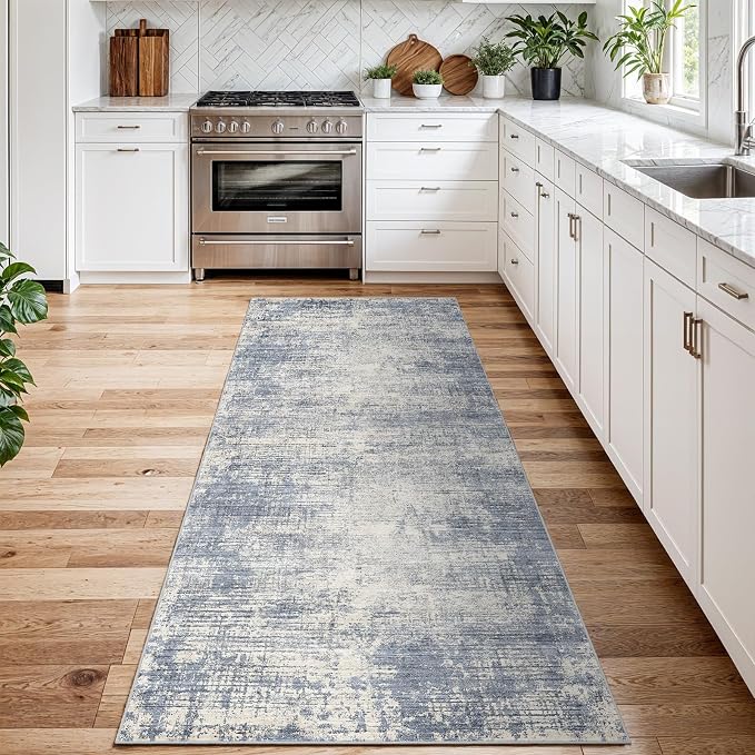 3x8 Hallway Washable Runner Rug - Non-Slip Kitchen Rugs with Rubber Backing Abstract Neutral Low-Pile Carpet Runners for Laundry Room Home Decor Bedroom Bathroom Entryway (Blue Gray,3x8)