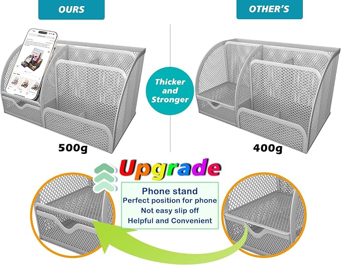 Boutilon Mesh Desk Organizer Desktop Office Supplies Stationary Organizer with 6 Compartments and 1 Drawer Multi-Functional Caddy Pen Holder for Home Office School Desk Decor(Silver)