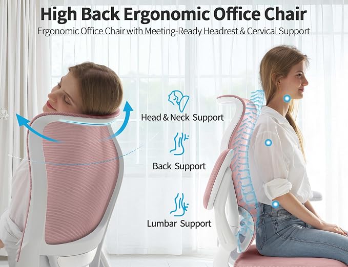 TRALT Ergonomic Office Chair- Desk Chair with Adjustable Lumbar Support | Big and Tall Back Ergonomic Desk Chair - Home Office Mesh Chairs and PU Leather Seat for Home Reading to Adults(Pink))