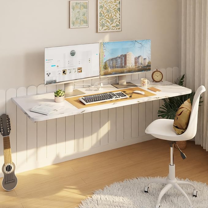 IAE Wall Mounted Floating Foldable Desk, 48" x 22" Folding Computer Workstation Table with Engineered Wood and Metal Shelf Brackets,Fold&Floating Design for Home Office, Apartment,Laundry Room,White