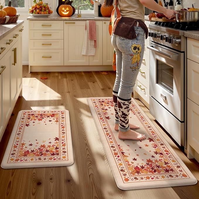 KIMODE Fall Kitchen Mats Cushioned Anti Fatigue 17"x47"+17"x29", Beige Kitchen Mats for Floor, Padded Kitchen Floor Mats Non Slip, Autumn Maple Leaves Standing Mat for Laundry Office Sink Desk