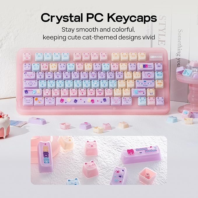 KiiBOOM Cute Cat Keycaps Set, Mao Profile, PC Keycap for MX Switches Mechanical Keyboard, Compatible with 60%, 65%, 75%, TKL, 96%, Full-Sized Layout (Meow Pudding V2)
