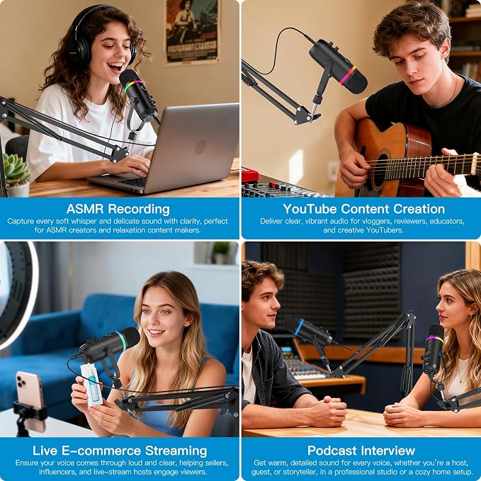 ZealSound Podcast Microphone for PC/Mac/iPhone – USB Studio Mic with Noise Cancellation, RGB Lighting, Mute, Gain, Monitoring & Echo, Boom Arm & Pop Filter, Streaming, Recording, TikTok, YouTube