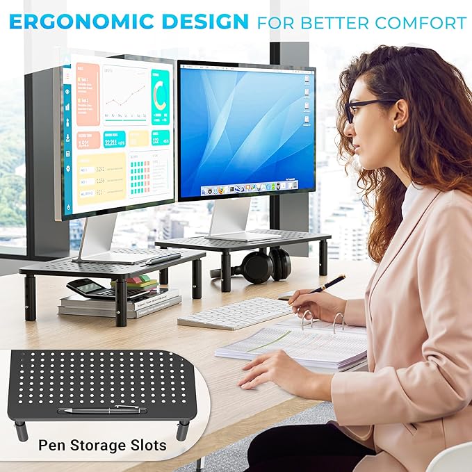 BONTEC Monitor Stand for Desk 2 Pack, 3-Level Height Adjustable Metal Monitor Riser, 14.5 x 9.1 in Ergonomic Computer Stand with Pen Holder & Cable Management for Printer, Laptop, Office Workstation