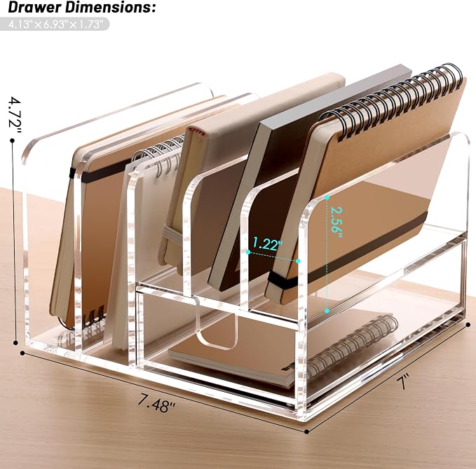 SANRUI Desk Organizers and Accessories, Acrylic Mail Organizer Countertop, 5-Slots File Sorter with Drawer, Desktop Organizer for Office Supplies