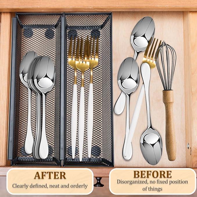 2PCS Drawer Organizer for Kitchen,Utensil Mesh Drawer Organizer with Interlocking Arm for Cosmetic,Flatware,Pen (12 * 3 * 2 Inches,Grey)