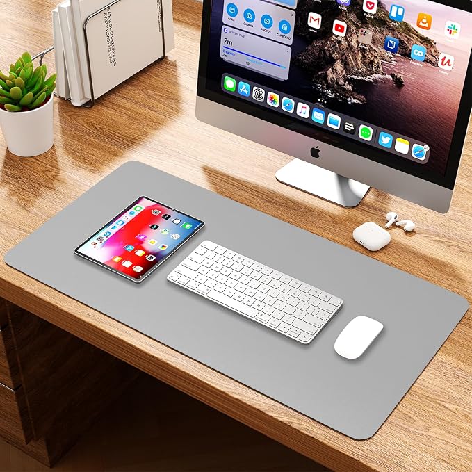 Leather Desk Pad Protector, Waterproof Mouse Pad, PU Desk Mat, Office Desk Cover, Desk Writing Mat for Office/Home/Work/Cubicle (Light Gray) 23.6x13.7 in