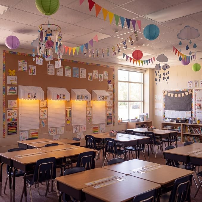Colarr 12 Pcs Back to School Classroom Awning Decor Kit Bulletin Board Awning with Poster Paper Warm LED Light Bulletin Board Decor for Teacher Classroom School Wall Chalkboard(Line)