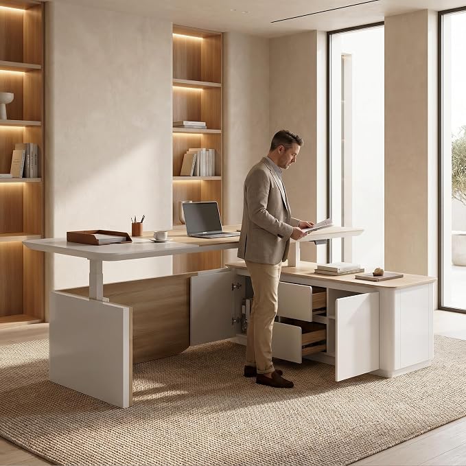 SAINTCY 86" L Shaped Standing Executive Desk with Drawers and Shelves,White Electric Adjustable Height Desk with Charging Station and Privacy Panel for Home and Office, Light Walnut