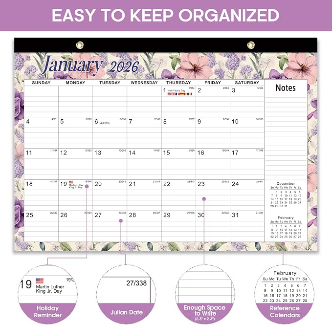 Desk Calendar 2026, 18 Months Calendar Runs from January 2026 to June 2027 - Large 17" x 12" Desktop/Wall Monthly Calendar for Home School, or Office - Vintage Floral