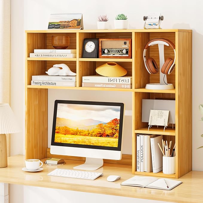 Tangkula Desktop Bookshelf, 37" Countertop Storage Hutch with 7 Cubes & 3 Adjustable Shelves, 3-Tier Desk Display Rack Organizer, Multipurpose Wood Desktop Hutch for Dorm Home Office (Burlywood)