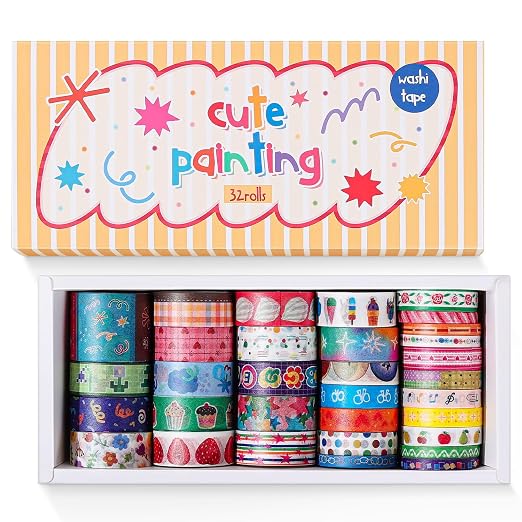 32 Rolls Washi Tape Set, Multicolored Cute Graffiti Painting Decorative Tapes, Scrapbooking and Journal Supplies, Junk Journaling Scrapbook Supplies, DIY Craft Projects Materials for Girls and Women
