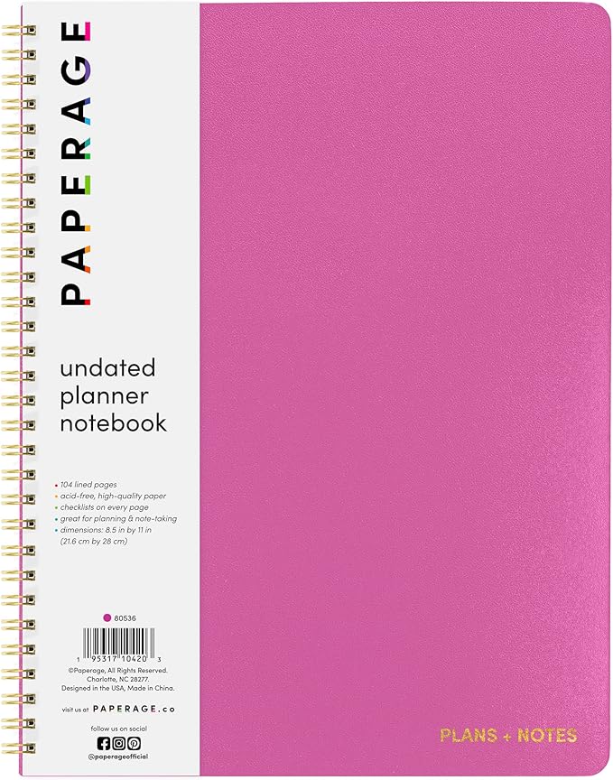 PAPERAGE Undated Daily Planner Notebook (Raspberry), 8.5 in x 11 in, Spiral Bound To Do List & Schedule Planner, 104 Lined Pages for Plans & Notes