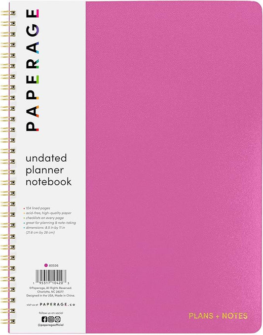 PAPERAGE Undated Daily Planner Notebook (Raspberry), 8.5 in x 11 in, Spiral Bound To Do List & Schedule Planner, 104 Lined Pages for Plans & Notes
