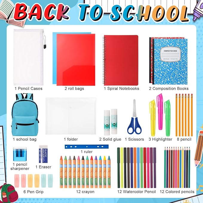 Gilprop 79 Pcs Back to School Supplies Box for Kids K-5 Students Elementary Middle School Supplies Kit Bundle Bulk Essential Pen Notebook Stationery for Primary Student Classroom(Blue)