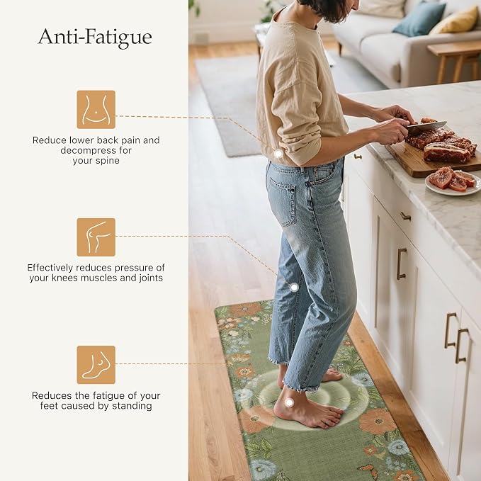 GENIMO Anti Fatigue Kitchen Mats for Floor 2PCS, Cushioned Standing Mats | 17.3"x59"&17.3"x30", Natural Green vintage floral rug set, waterproof, non slip, easy-clean for farmhouse