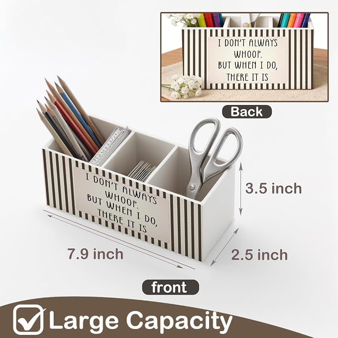 Striped Funny Wooden Pen Holder for Desk, Funny Desk Decor Accessories, I Don't Always Whoop Sarcastic Pencil Organizer Wooden Box Sign for Home Office Decoration